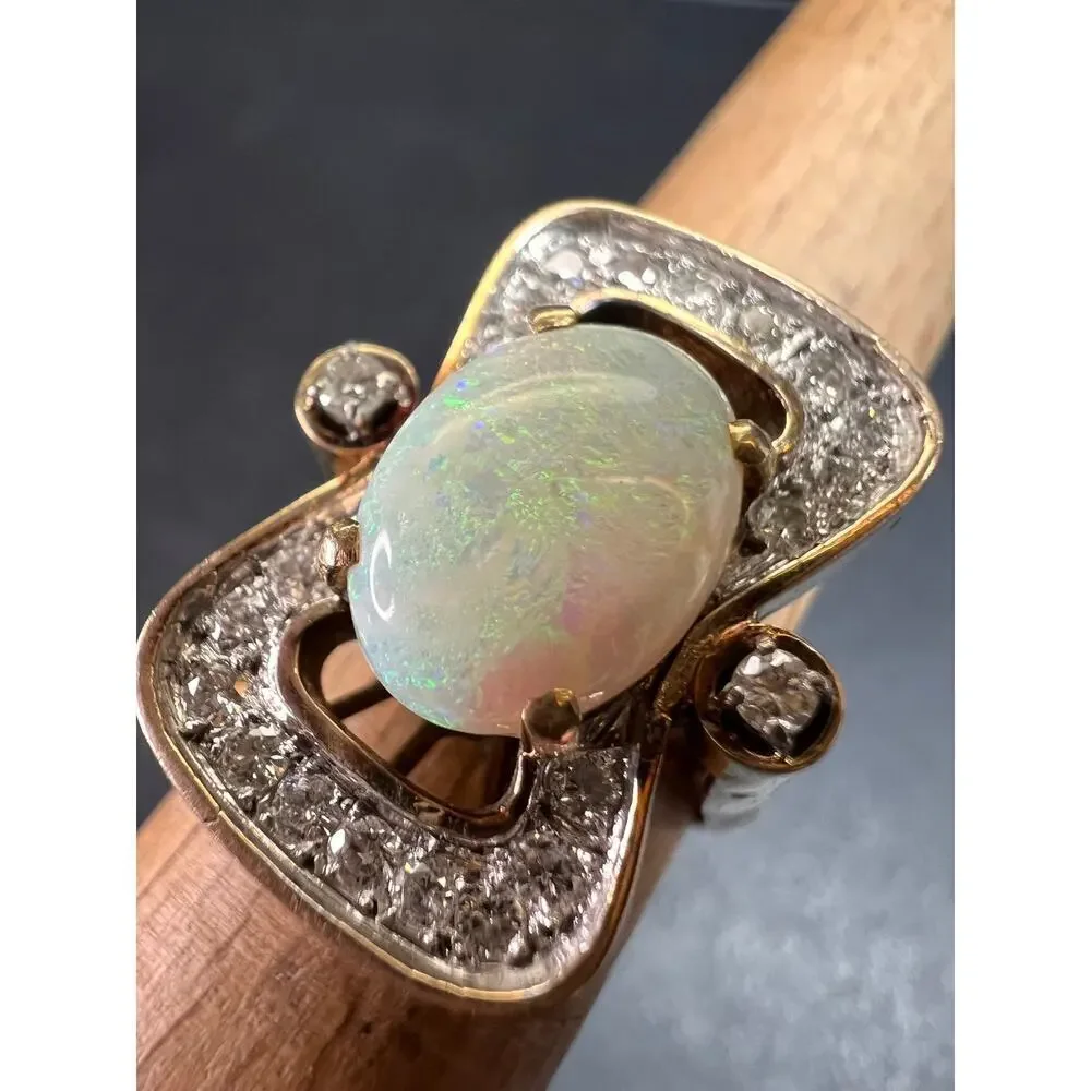 Vintage 14K Opal & Diamond Ring | Size 6.5 | Papered | 1.80ct | 60s–70s